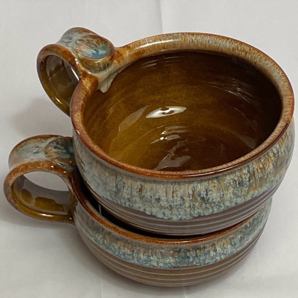 🦋SOLD🦋(2) Potters Wheel Stoneware Bowls Brown Blue Drip Signed JK DRYDEN